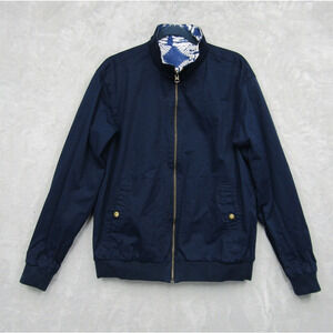 Lands End Bomber Jacket Reversible Womens Medium Blue Full Zip Cotton Nautical